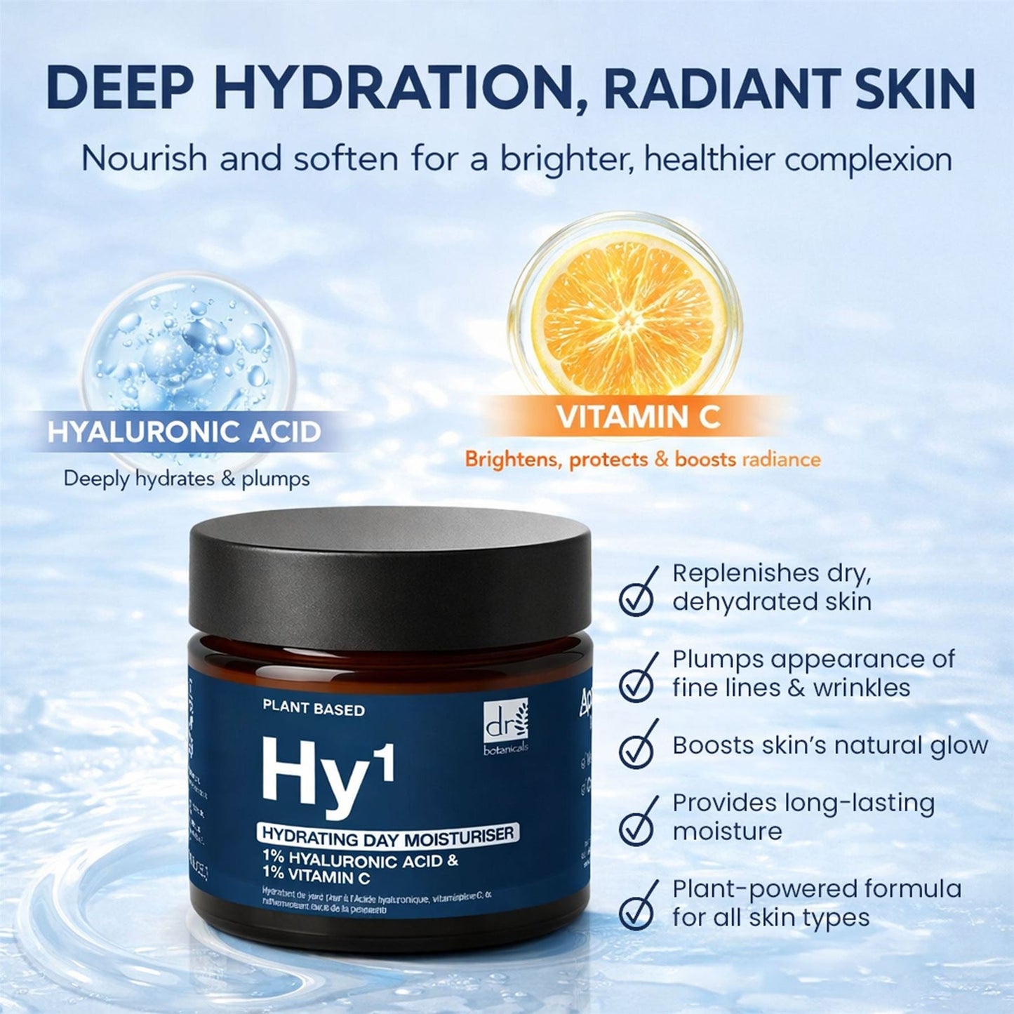 Dr Botanicals Hydrating Face Cream | 1% Hyaluronic Acid & 1% Vitamin C | Hydrating Daily Moisturiser