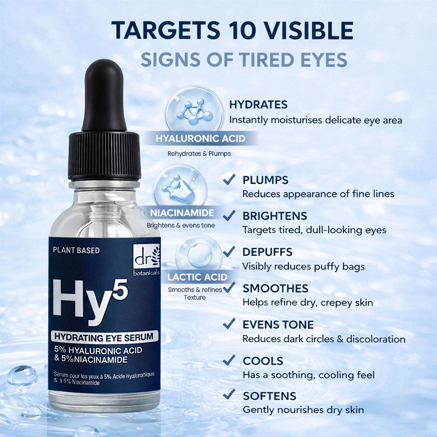 Dr Botanicals Hyaluronic Acid & 5% Niacinamide Eye Serum | Hydrates & Brightens | 15ml