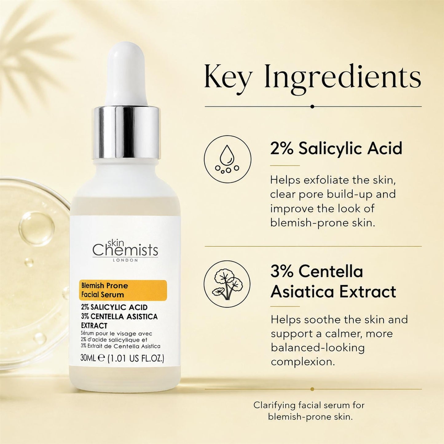 skinChemists Acne Prone Serum Salicylic Acid 2%, Centella Asistica 3% 30ml