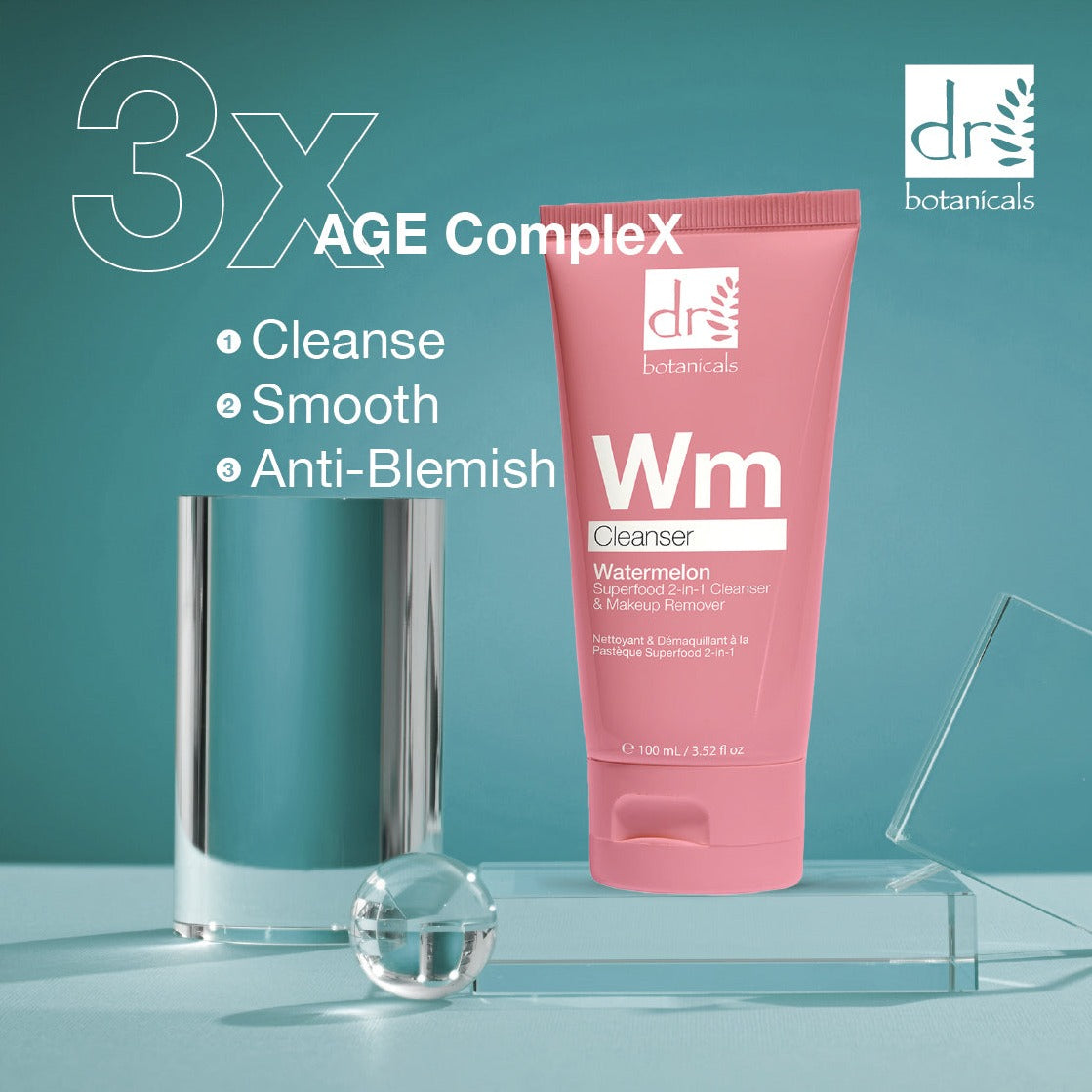 RDB098 Dr Botanicals Watermelon Superfood 2-in-1 Cleanser & Makeup Remover with Glycolic Acid, Salicylic Acid & Lactic Acid 100ml