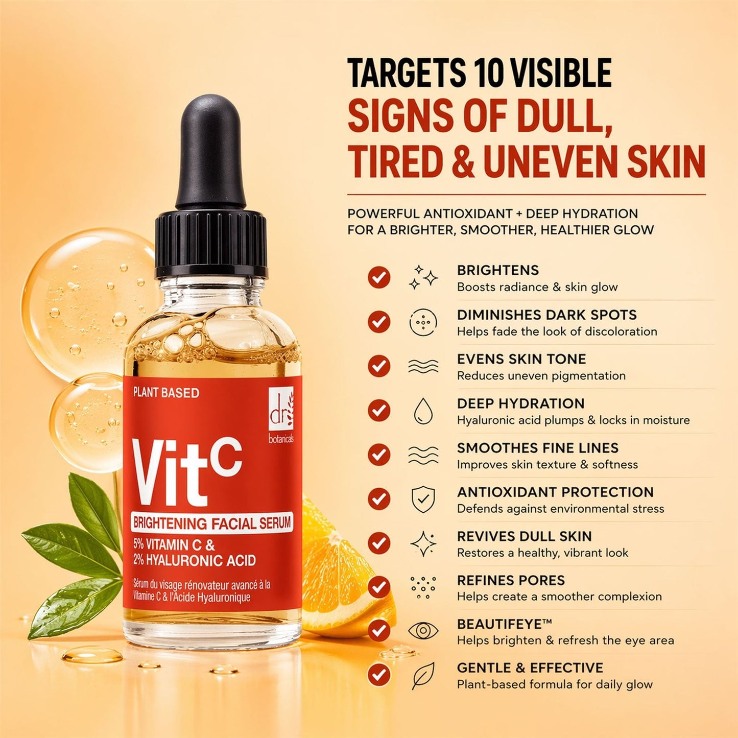 Dr Botanicals Brightening Facial Serum | 5% Vitamin C & 2% Hyaluronic Acid | Brightening & Hydrating Formula