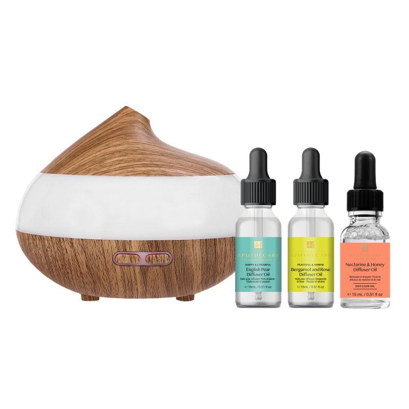 Wooden Aroma Diffuser + Oils Kit: English Pear, Bergamot & Rose, Nectarine & Honey - skinChemists