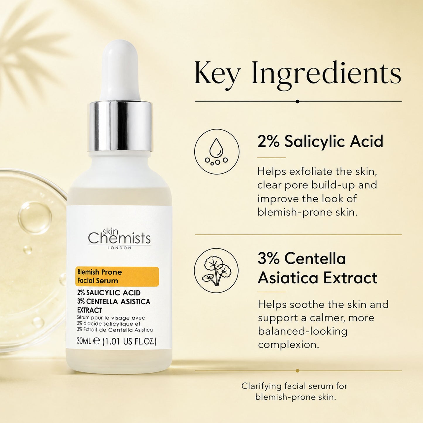 SkinChemists Blemish Prone Facial Serum 30ml — 2% Salicylic Acid, 3% Centella Asiatica Extract