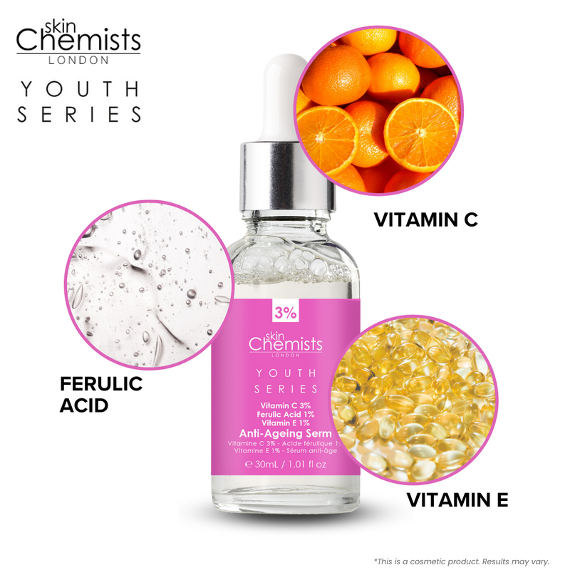 skinChemists Youth Series Anti-Ageing Serum 30ml Vitamin C 3%, Ferulic Acid 1%, Vitamin E 1%