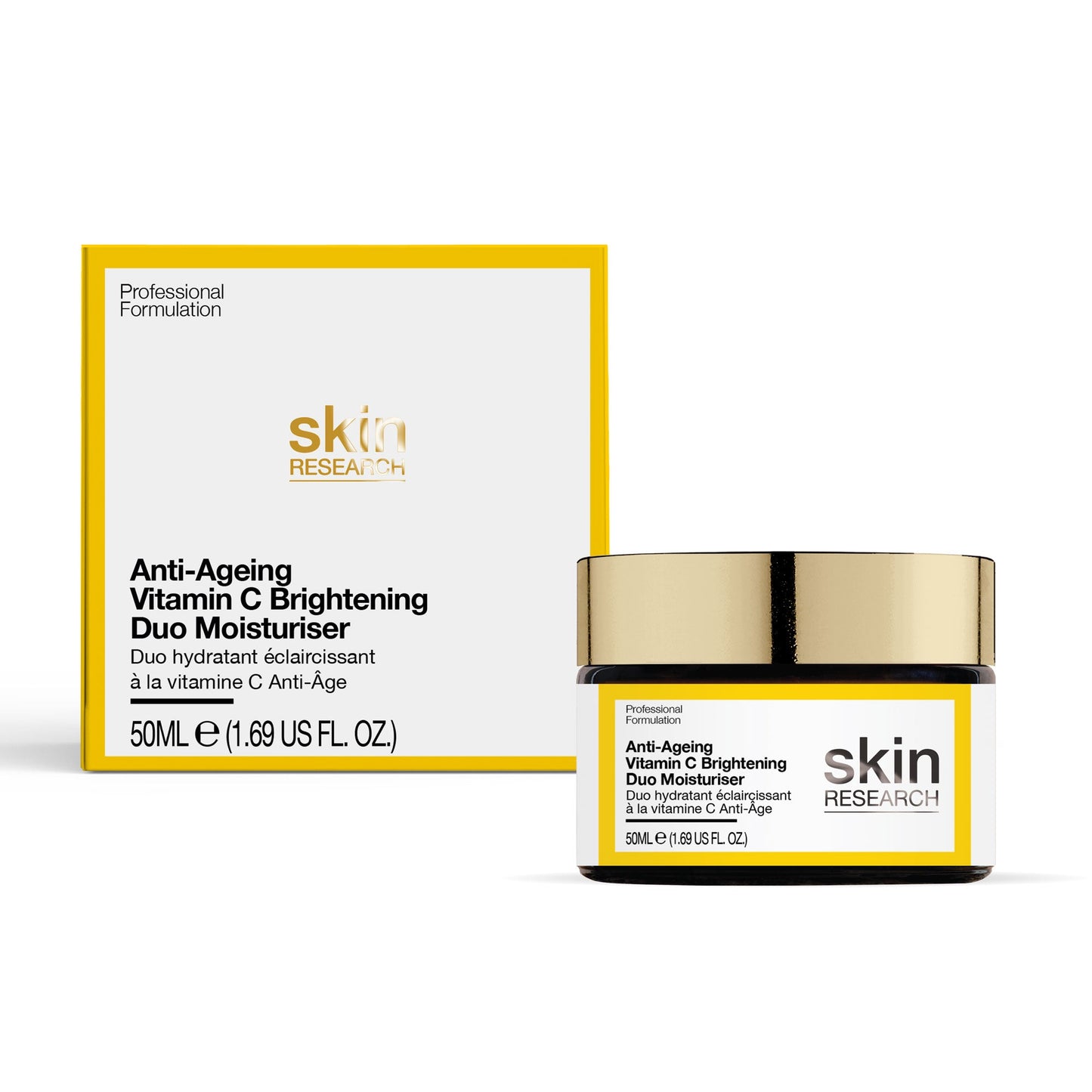 Anti-Ageing Vitamin C Brightening Duo Moisturiser 50ml jar, front view showing brightening day and night duo packaging