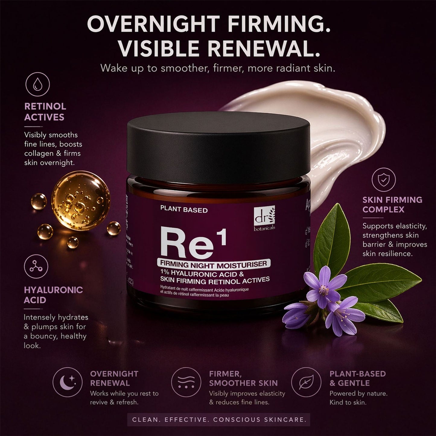 Dr Botanicals Retinol Night Cream | Retinol Actives & 1% Hyaluronic Acid | Overnight Hydration | 60ml