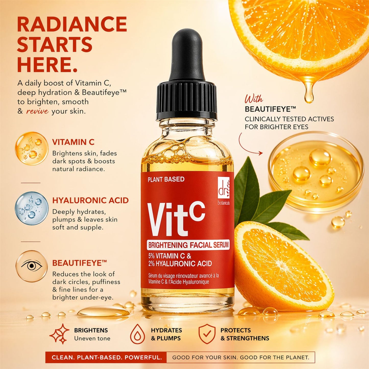 Dr Botanicals Brightening Facial Serum | 5% Vitamin C & 2% Hyaluronic Acid | Brightening & Hydrating Formula