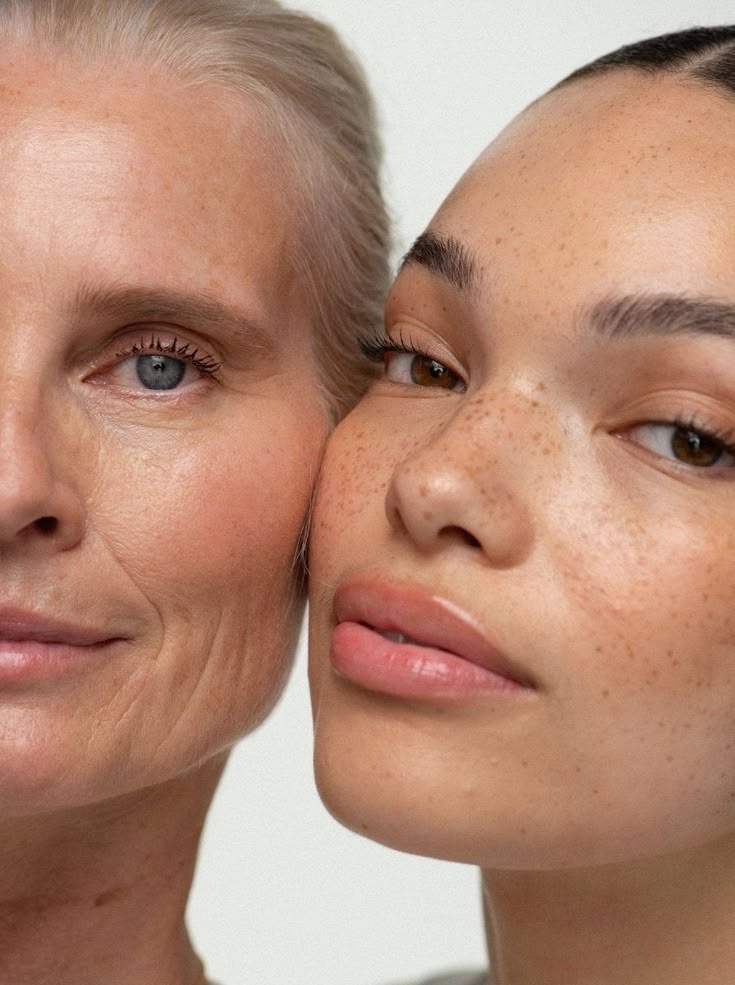 Two women of different generations with natural skin