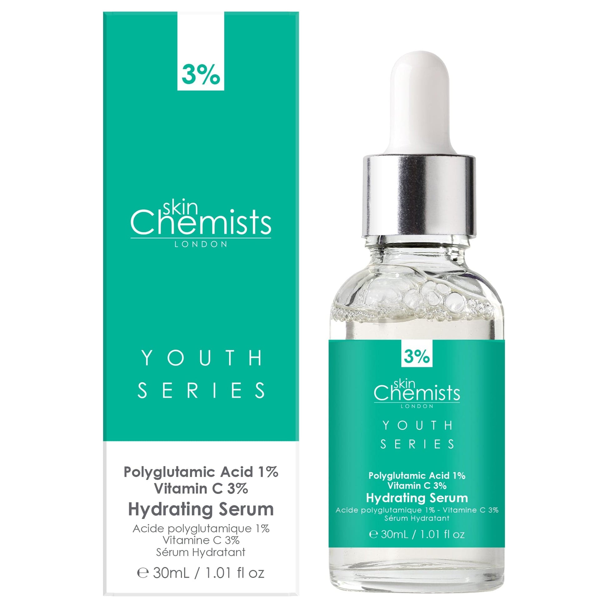 HSC024 skinChemists Youth Series Hydrating Serum Polyglutamic Acid 1%, Vitamin C 3% 30ml