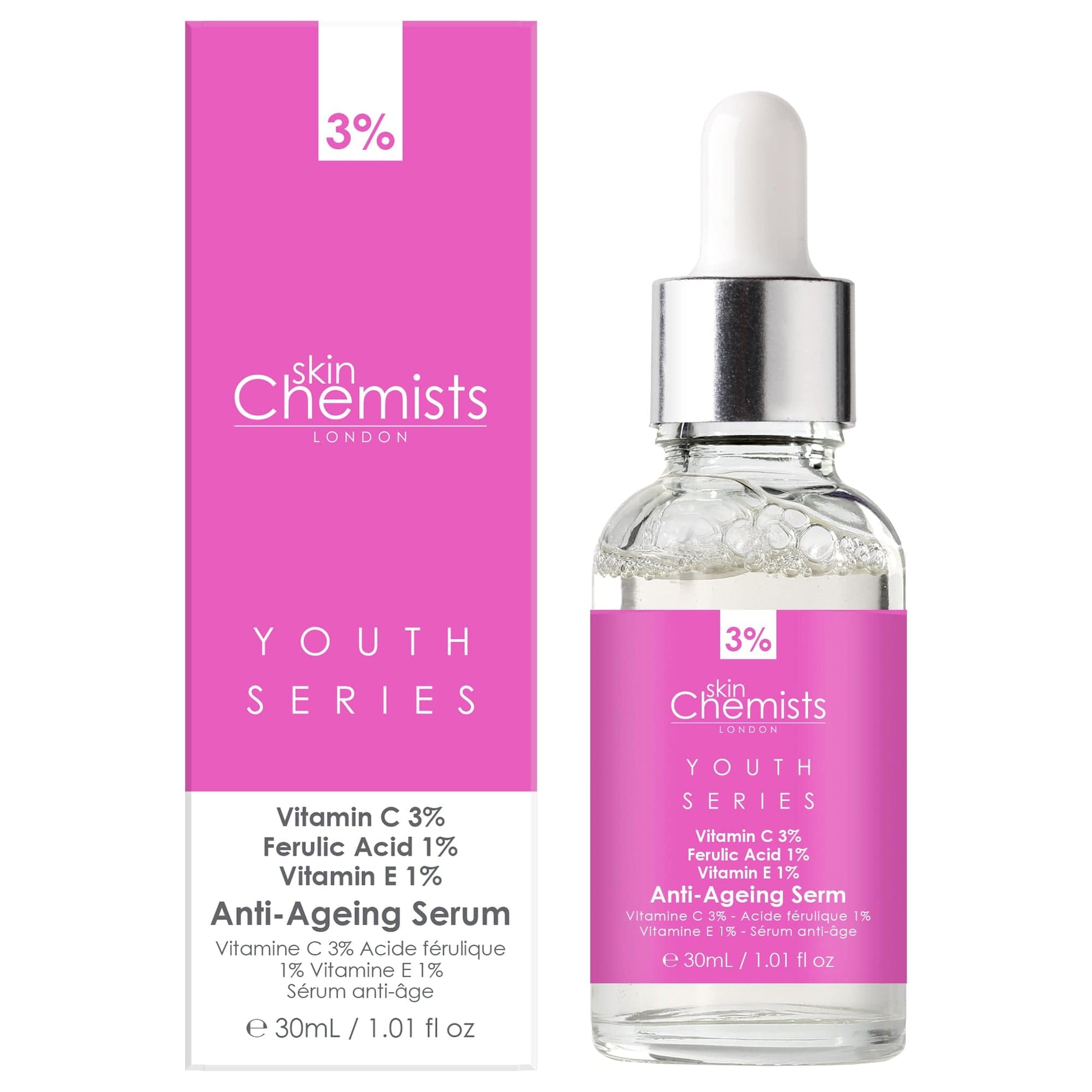 HSC026 skinChemists Youth Series Anti-Ageing Serum Vitamin C 3%, Ferulic Acid 1%, Vitamin E 1% 30ml